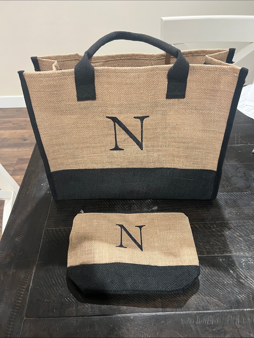 Monogram 'N' Two-Piece Jute Tote and Pouch - Natural & Black